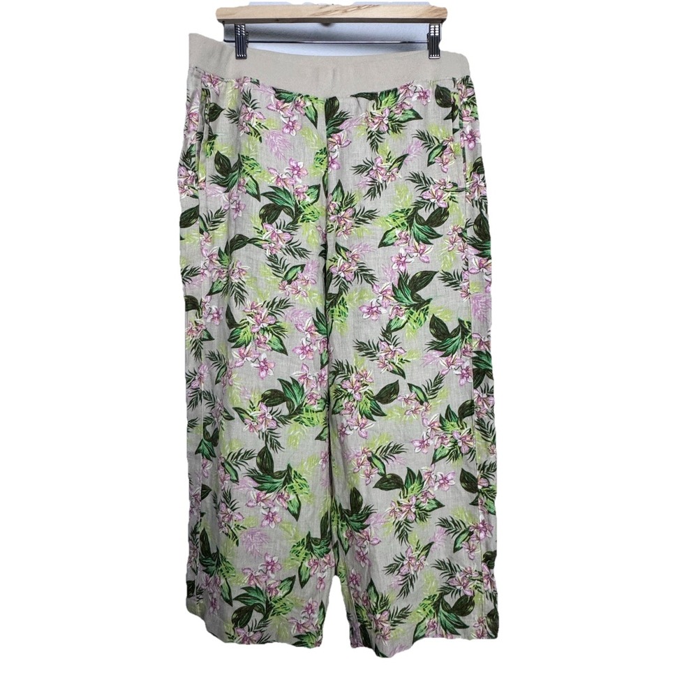 J.Jill Love Linen Pants L Floral Wide Leg Pull On Beigeโ Green Pink Pockets